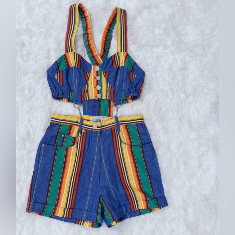 FREE SHIP: 90s Cut Out Denim Shorts Romper Small- Deadstock Vintage Playsuit